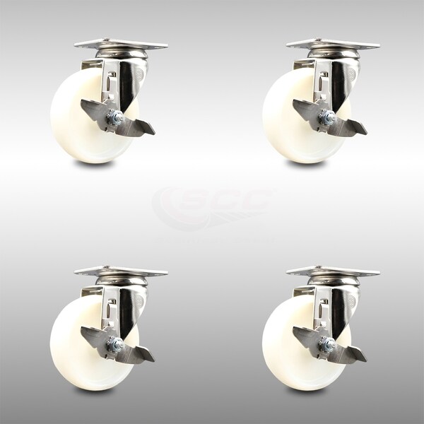 4 Inch 316SS Nylon Wheel Swivel Top Plate Caster Set with Brake